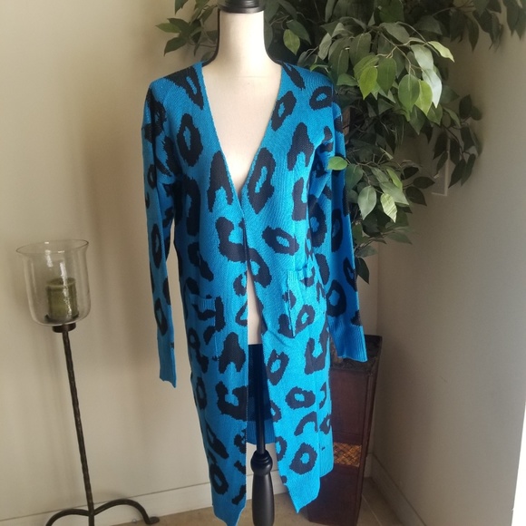 New! Blue Leopard Print Long Cardigan Sweater - Picture 5 of 7